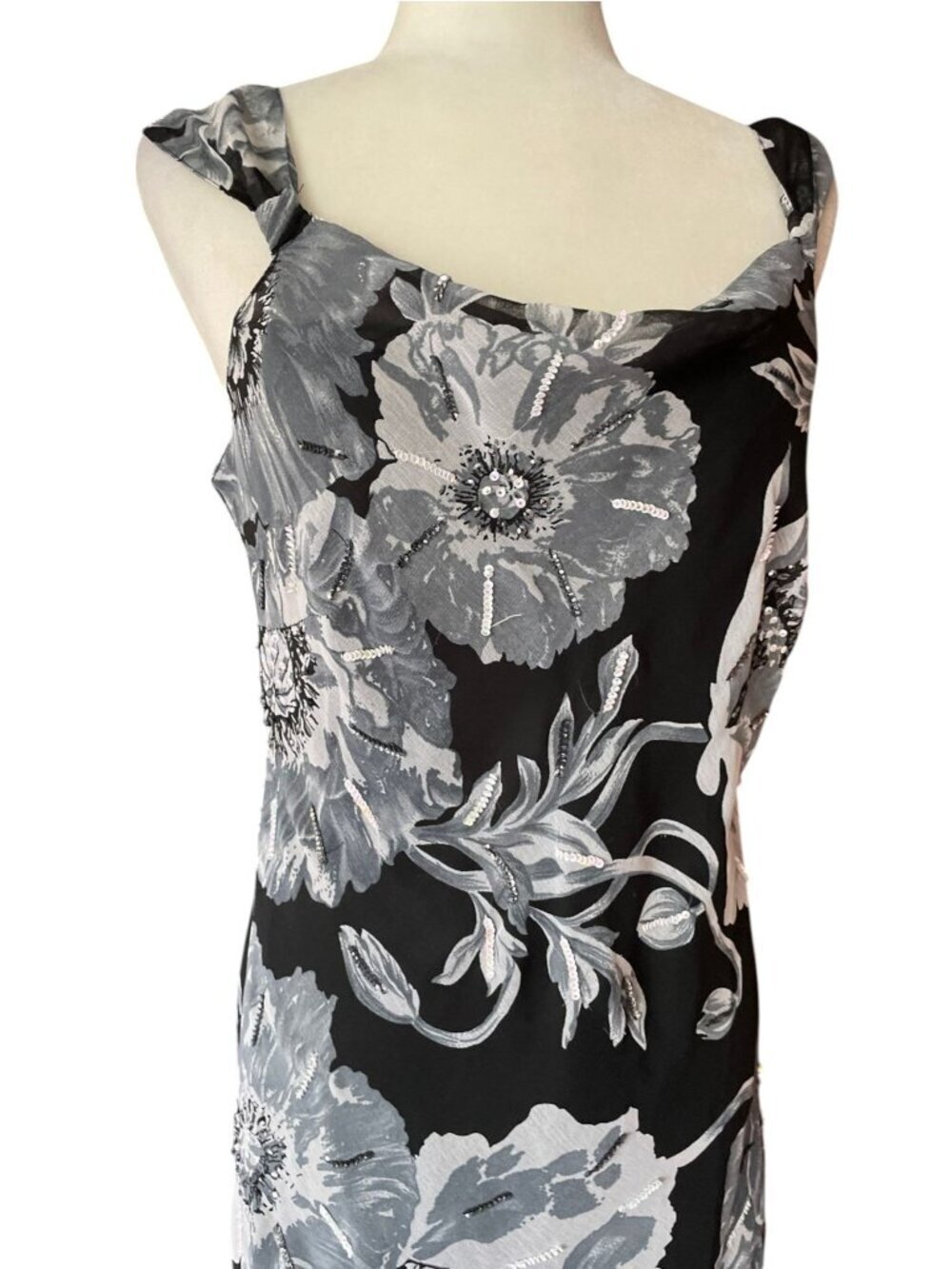 Vintage Midnight Velvet Y2K Fairycore Floral Midi Dress SZ M Black Sequin - Picture 7 of 14